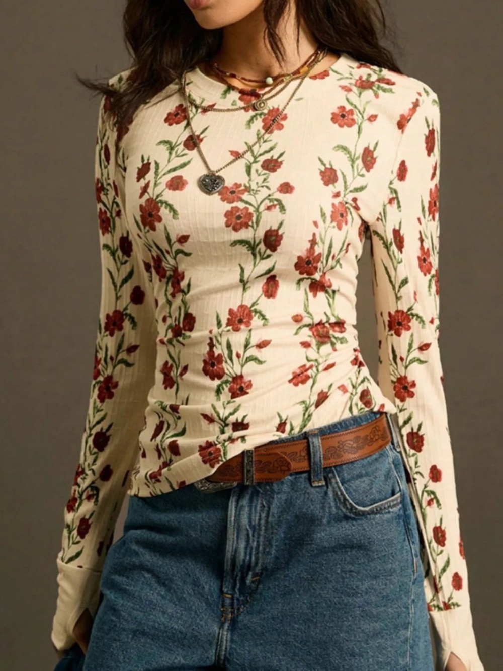 Floral Long-Sleeve Ribbed Top - Cream with Red Floral - Picture 2 of 9